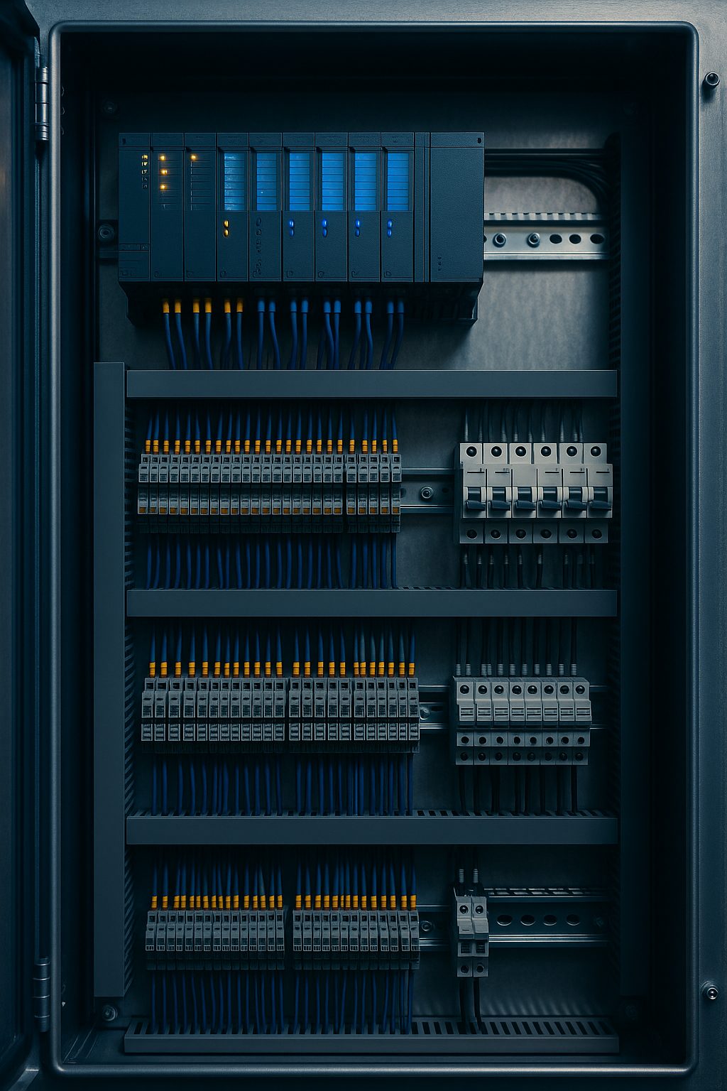 Tablero de control industrial con PLC y cableado