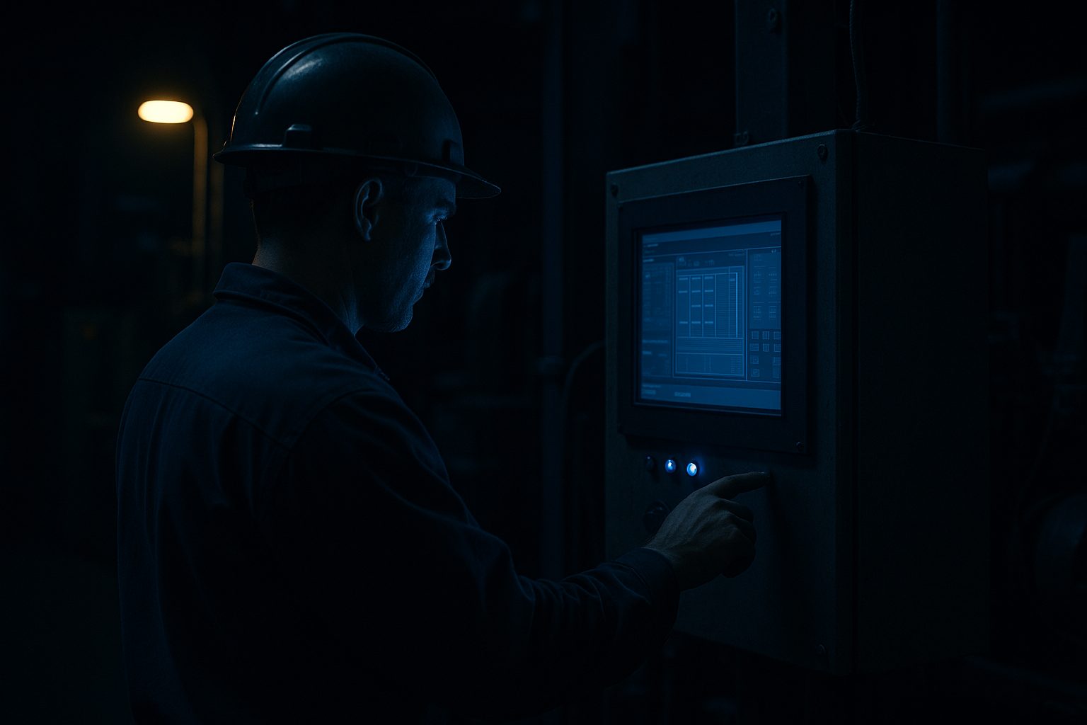 Operador industrial frente a un panel HMI en planta
